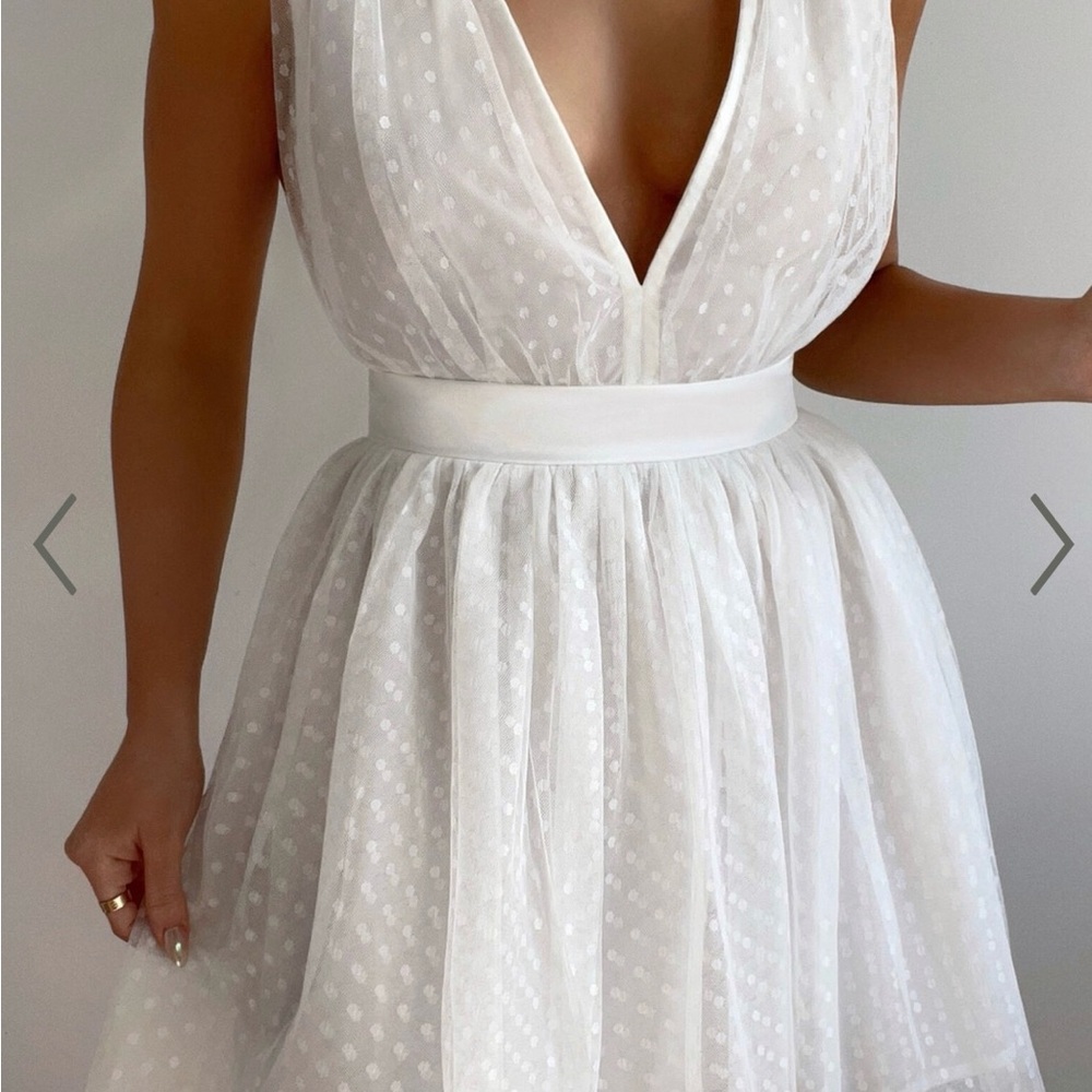 Showpo. MARIABELLA MINI DRESS - TULLE PLUNGE DRESS IN WHITE